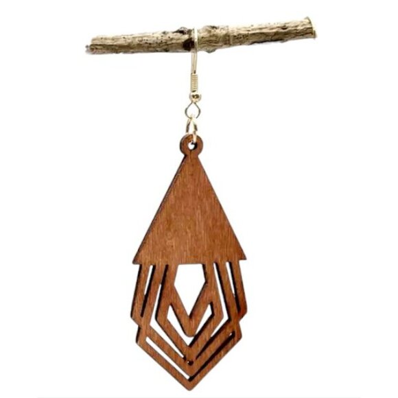 WOOD Cut Out Earrings Tribal Unique Artistic LIGHTWEIGHT Dangle Jewelry - Picture 2 of 4